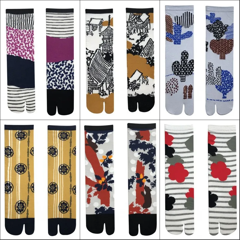 Japanese Multi-Color Jacquard Carrot Chestnut Flower Literary Cute Two-Toe Socks Middle Tube Tabi Split Toe Socks Tide Socks