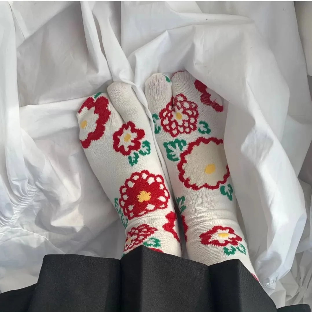 Japanese Multi-Color Jacquard Carrot Chestnut Flower Literary Cute Two-Toe Socks Middle Tube Tabi Split Toe Socks Tide Socks