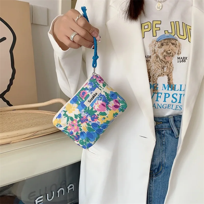 Kawaii Floral Travel Portable Coin Purse Cosmetic Lipstick Storage Bag Women Makeup Handbags Wallet Organizer Small Pouch Bags
