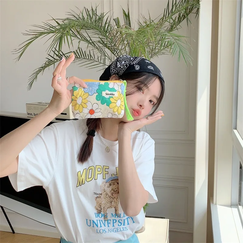 Kawaii Floral Travel Portable Coin Purse Cosmetic Lipstick Storage Bag Women Makeup Handbags Wallet Organizer Small Pouch Bags