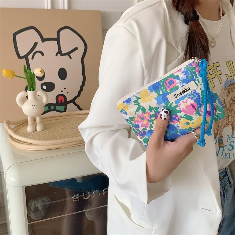 Kawaii Floral Travel Portable Coin Purse Cosmetic Lipstick Storage Bag Women Makeup Handbags Wallet Organizer Small Pouch Bags