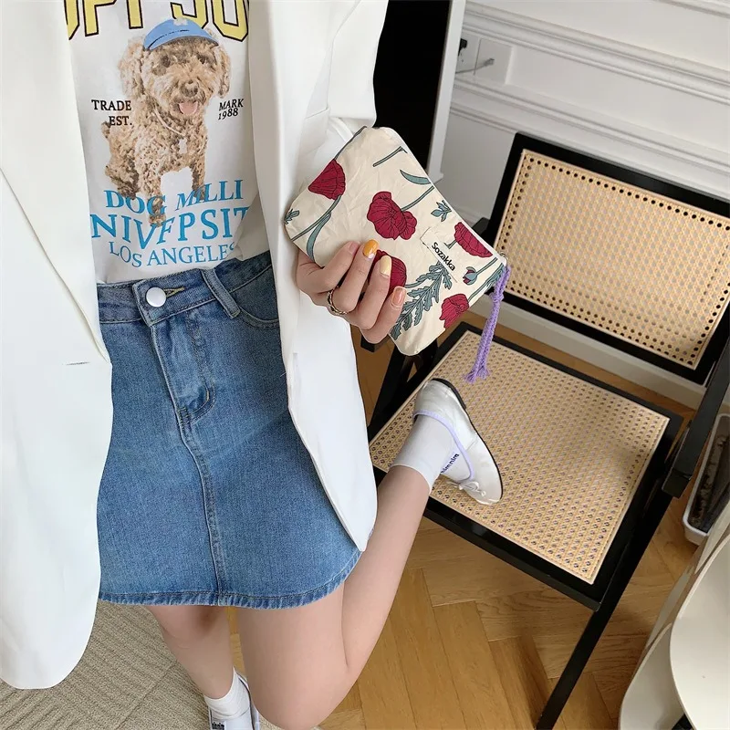 Kawaii Floral Travel Portable Coin Purse Cosmetic Lipstick Storage Bag Women Makeup Handbags Wallet Organizer Small Pouch Bags