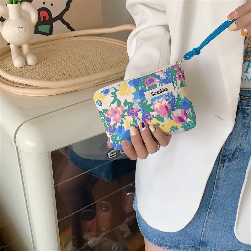 Kawaii Floral Travel Portable Coin Purse Cosmetic Lipstick Storage Bag Women Makeup Handbags Wallet Organizer Small Pouch Bags