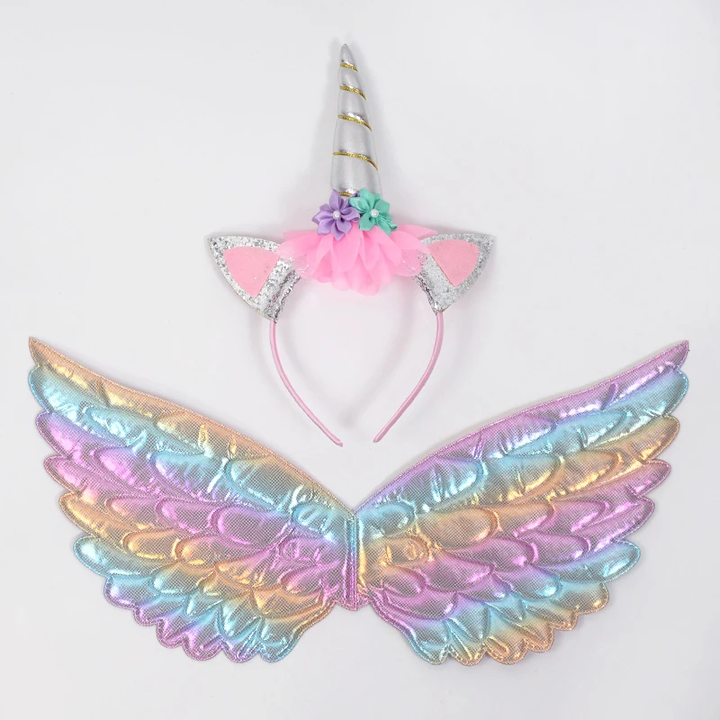 Unicorn Headband Fairy Angel Wings Kids Gift Girls Rainbow Unicorn Birthday Party Decoration Cosplay Props Supplies Baby Shower