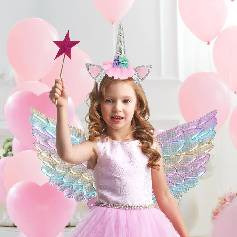 Unicorn Headband Fairy Angel Wings Kids Gift Girls Rainbow Unicorn Birthday Party Decoration Cosplay Props Supplies Baby Shower