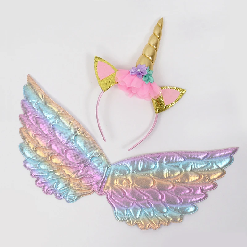 Unicorn Headband Fairy Angel Wings Kids Gift Girls Rainbow Unicorn Birthday Party Decoration Cosplay Props Supplies Baby Shower