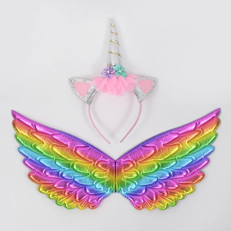Unicorn Headband Fairy Angel Wings Kids Gift Girls Rainbow Unicorn Birthday Party Decoration Cosplay Props Supplies Baby Shower