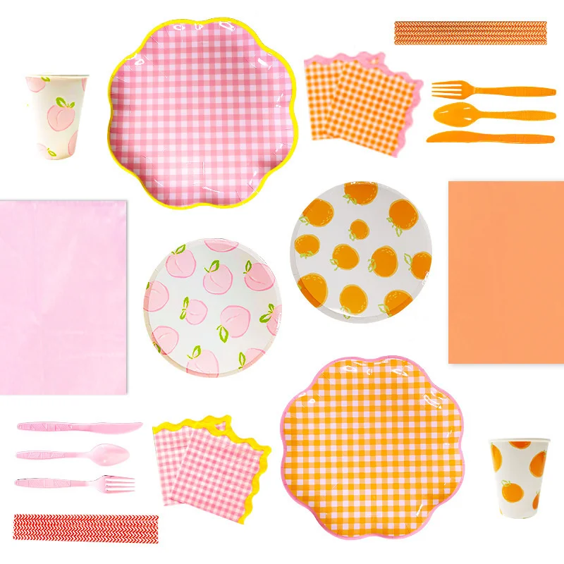1set Fruits Disposable Tableware Orange Lemon Peach Plates for Kids Summer Fruits Themed Happy Birthday Party Decoration Supply