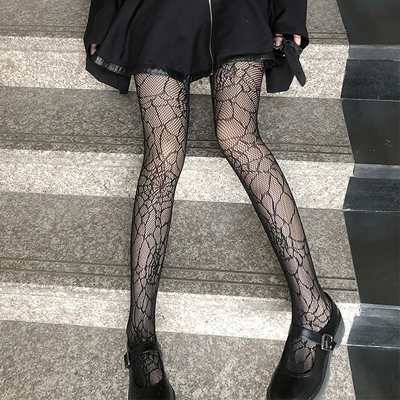 Japanese Girls Goth Punk Retro Spider Web Tights Classic Lolita Sexy Cosplay Anime Pantyhose Women Lace Mesh Stockings Bottomed