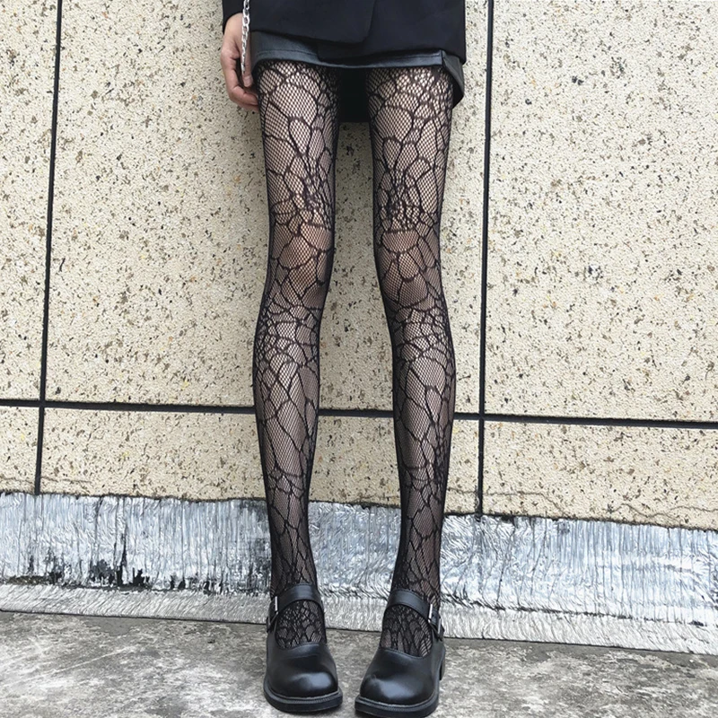 Japanese Girls Goth Punk Retro Spider Web Tights Classic Lolita Sexy Cosplay Anime Pantyhose Women Lace Mesh Stockings Bottomed