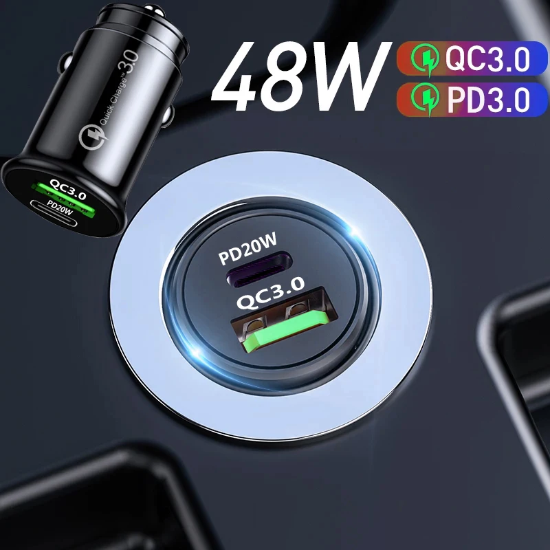 Dual USB Car Charger 48W Fast Charing USB C PD Car Cigarette Socket Lighter For iPhone Samsung Huawei Car Charger Power Adapter