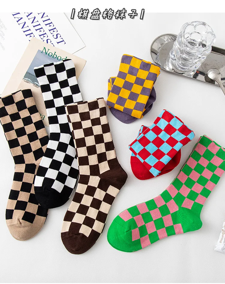Korea Funky Harajuku Trend Women Checkerboard Socks Geometric Checkered Socks Men Hip Hop Cotton Unisex Streetwear Novelty Socks