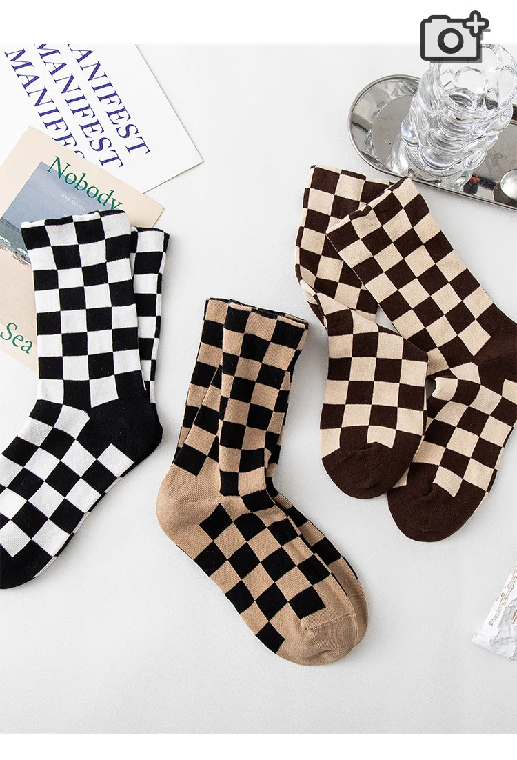 Korea Funky Harajuku Trend Women Checkerboard Socks Geometric Checkered Socks Men Hip Hop Cotton Unisex Streetwear Novelty Socks