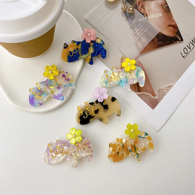Romantic Cute Girls Hairpins New Lovely Cat Flowers Hair Clips Fashion Acetate Barrette For Women Fine Headband Hair Accessories