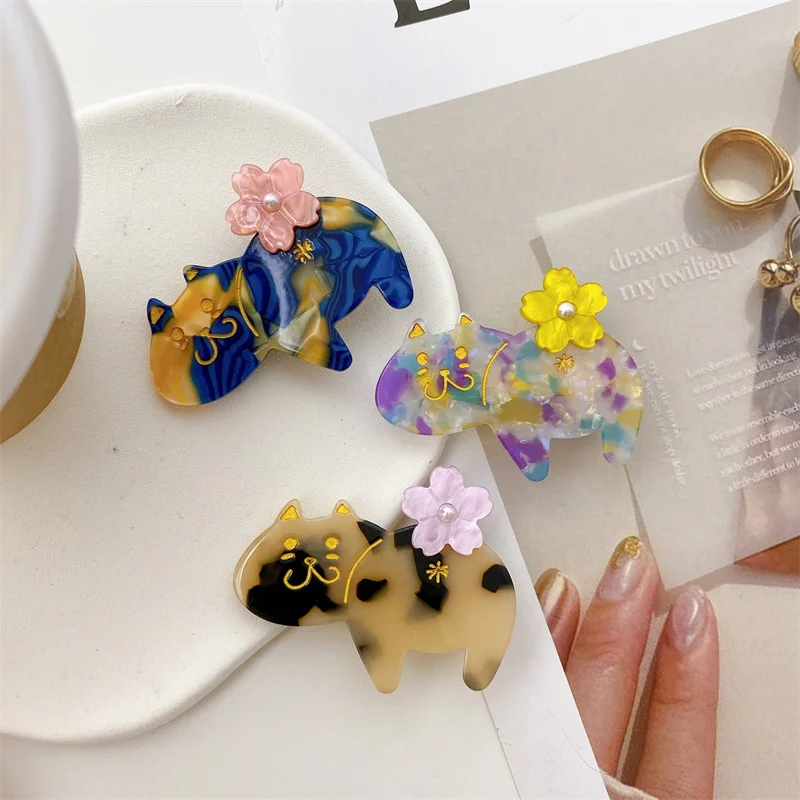Romantic Cute Girls Hairpins New Lovely Cat Flowers Hair Clips Fashion Acetate Barrette For Women Fine Headband Hair Accessories
