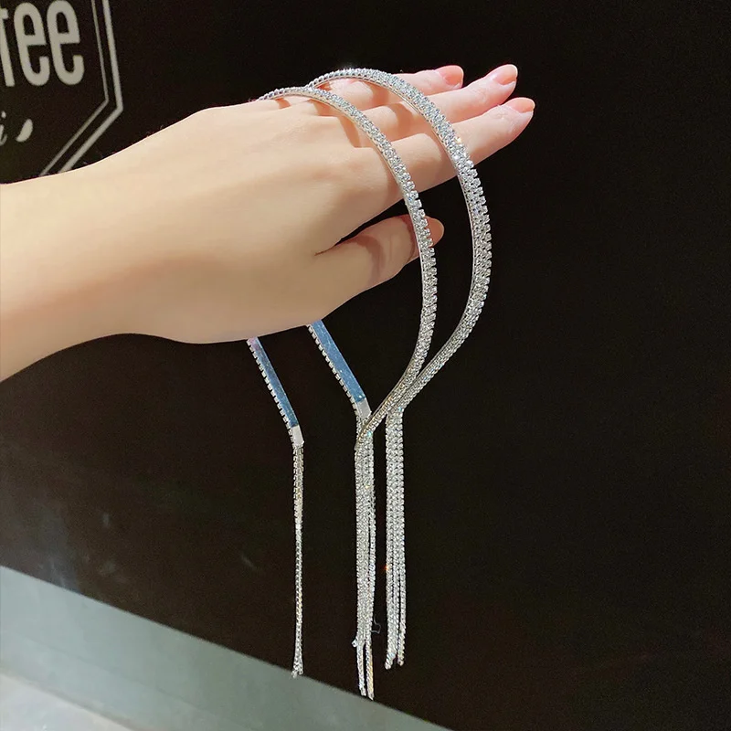 Luxury Shine Full Rhinestone Long Tassel Crystal Hairbands For Women Girls Hair Accessories Wedding Banquet Jewelry 2022 New