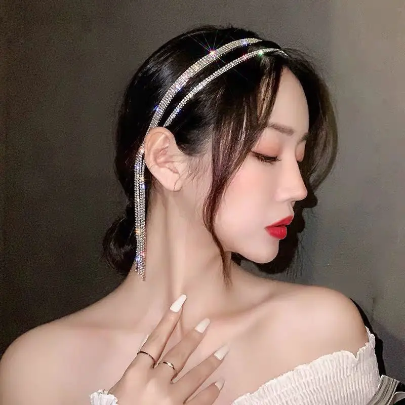 Luxury Shine Full Rhinestone Long Tassel Crystal Hairbands For Women Girls Hair Accessories Wedding Banquet Jewelry 2022 New