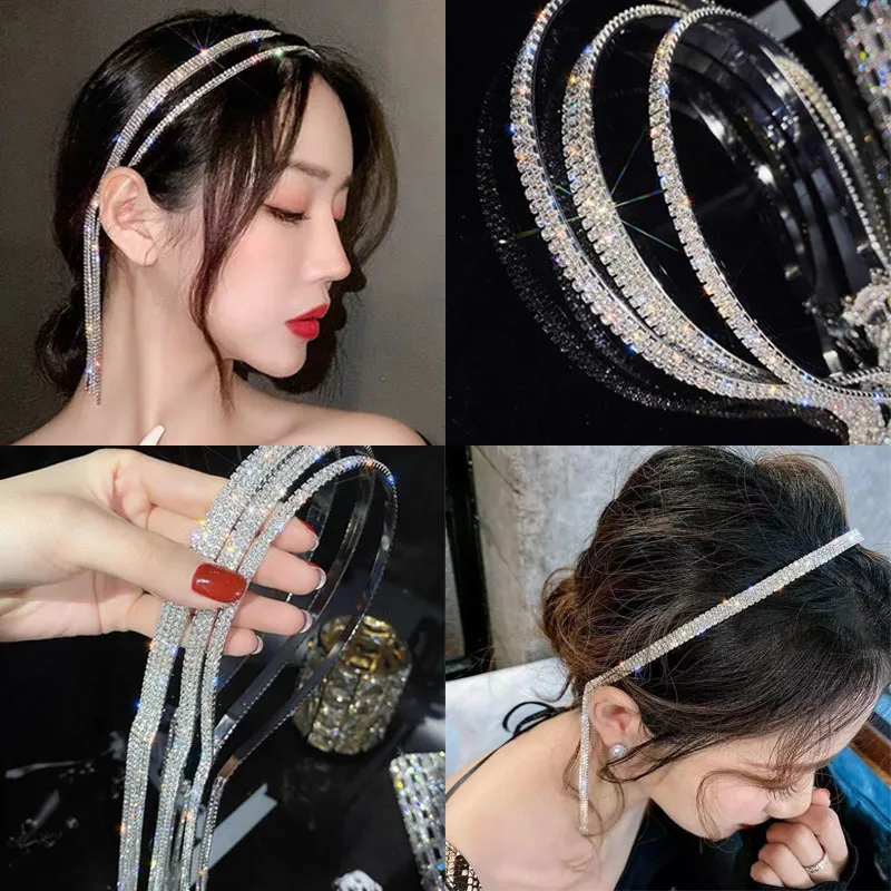 Luxury Shine Full Rhinestone Long Tassel Crystal Hairbands For Women Girls Hair Accessories Wedding Banquet Jewelry 2022 New