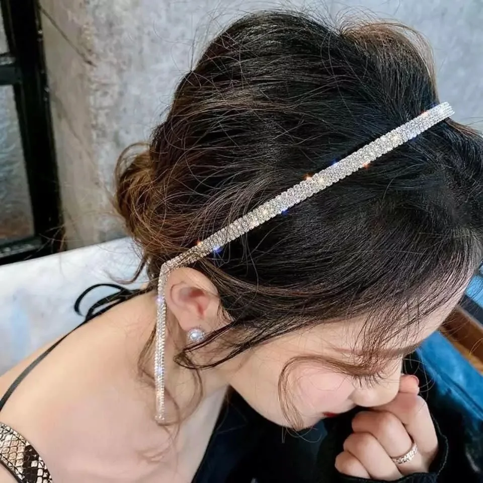 Luxury Shine Full Rhinestone Long Tassel Crystal Hairbands For Women Girls Hair Accessories Wedding Banquet Jewelry 2022 New