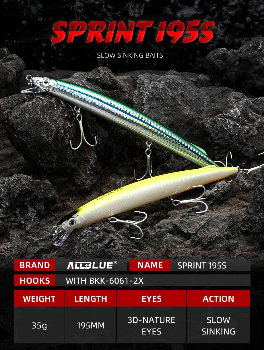 ALLBLUE SPRINT 195S Sinking Minnow Longcast Jerkbait Fishing Lure 195mm 35G Off Shore Saltwater Sea Bass Artificial Bait Tackle