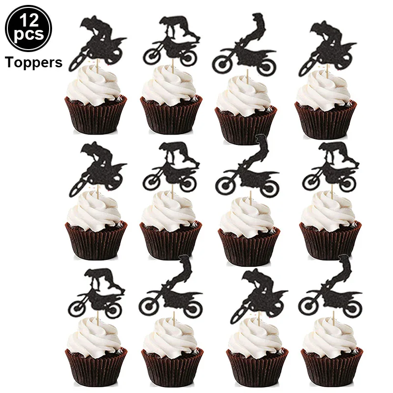 Motocross Birthday Party Decoration Cake Cupcake Toppers Motorcycle Banner Cake Decor for Man's or Boy's Birthday Party Supplies