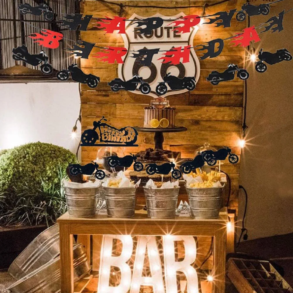 Motocross Birthday Party Decoration Cake Cupcake Toppers Motorcycle Banner Cake Decor for Man's or Boy's Birthday Party Supplies