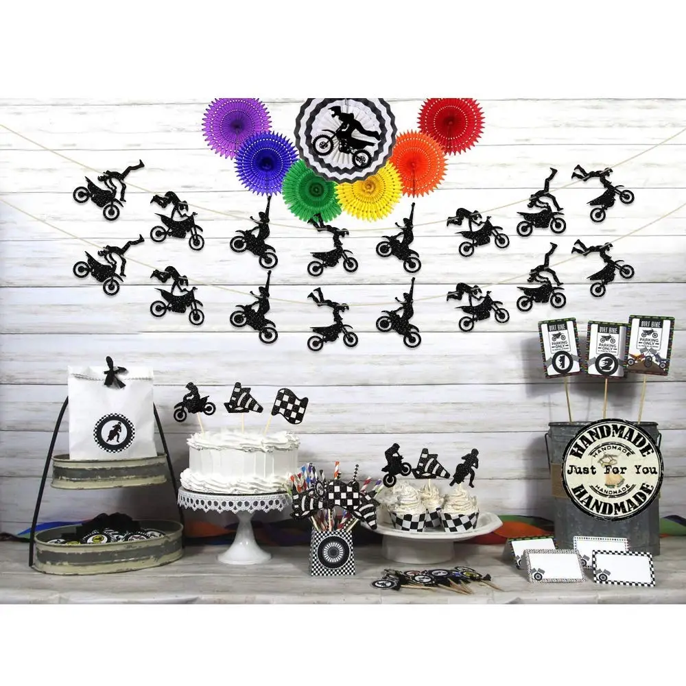 Motocross Birthday Party Decoration Cake Cupcake Toppers Motorcycle Banner Cake Decor for Man's or Boy's Birthday Party Supplies