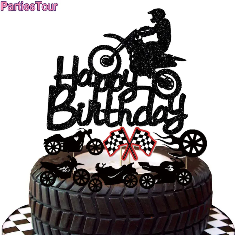 Motocross Birthday Party Decoration Cake Cupcake Toppers Motorcycle Banner Cake Decor for Man's or Boy's Birthday Party Supplies