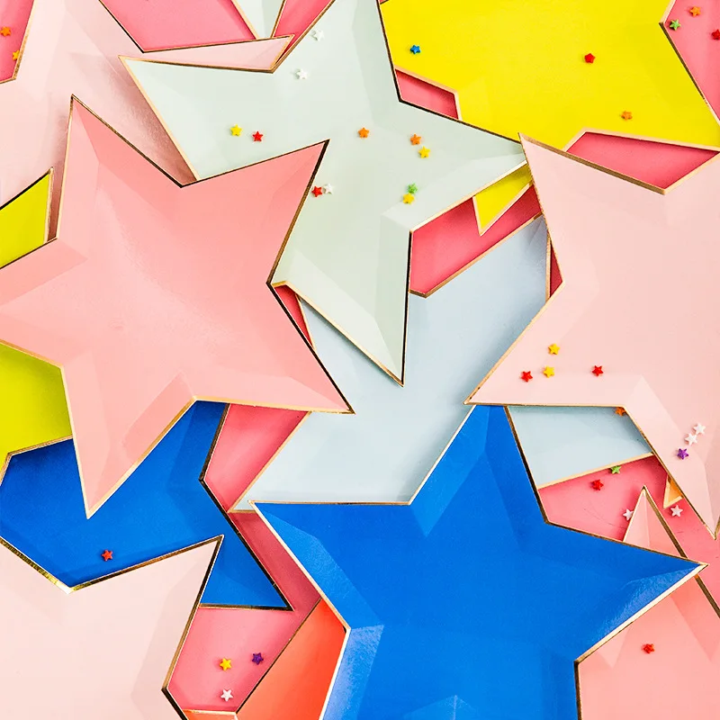 8pcs Colorful Gold Foil Star Disposable Tableware Kids Birthday Favors Decoration Paper Plates Wedding Birthday Party Supplies