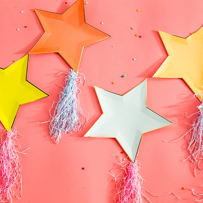 8pcs Colorful Gold Foil Star Disposable Tableware Kids Birthday Favors Decoration Paper Plates Wedding Birthday Party Supplies