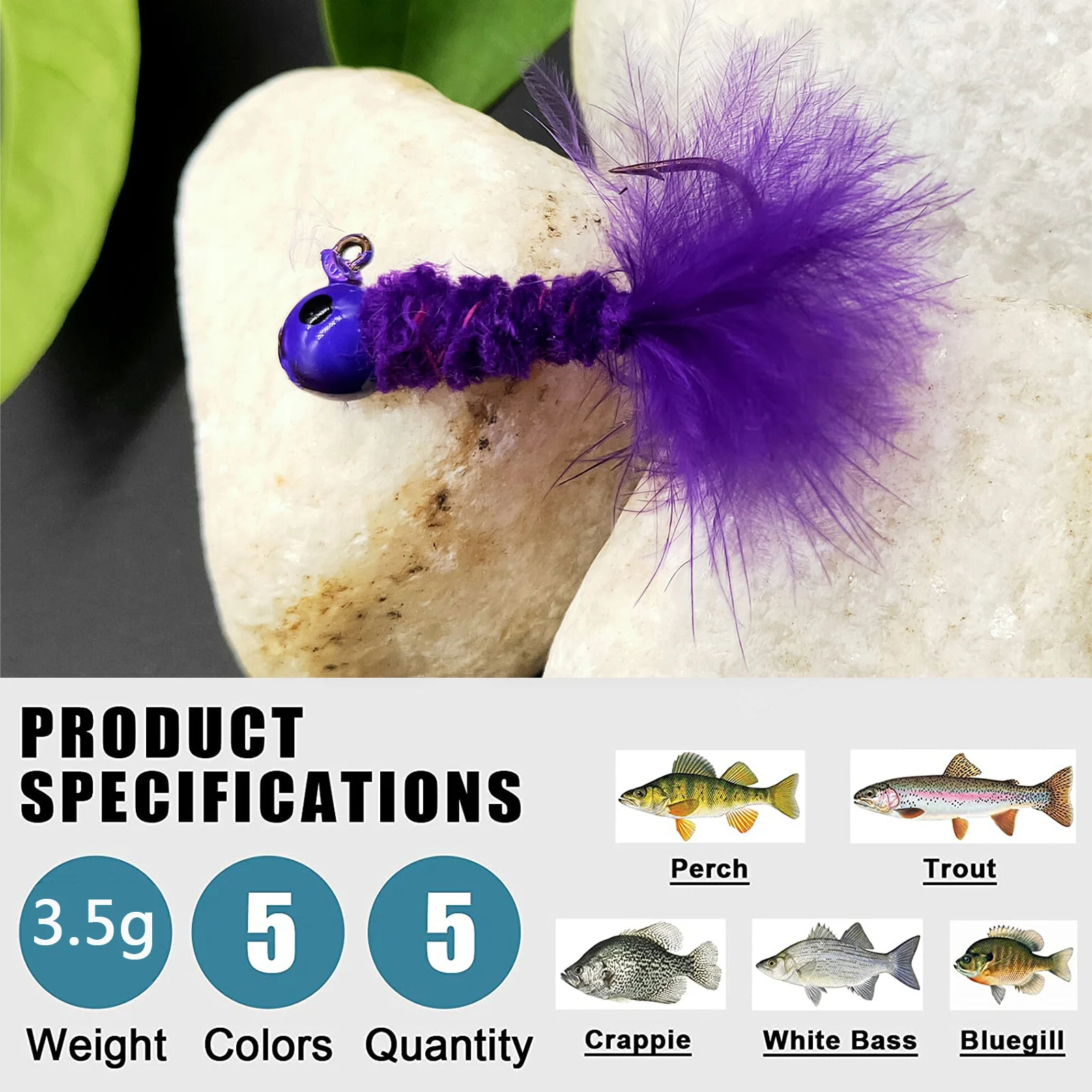 Fishing Crappie Jig Heads 5PCS Marabou Feather Jig Head Hooks Fishing Lures Kit for Walleye Panfish Sunfish Bluegill Perch Bait