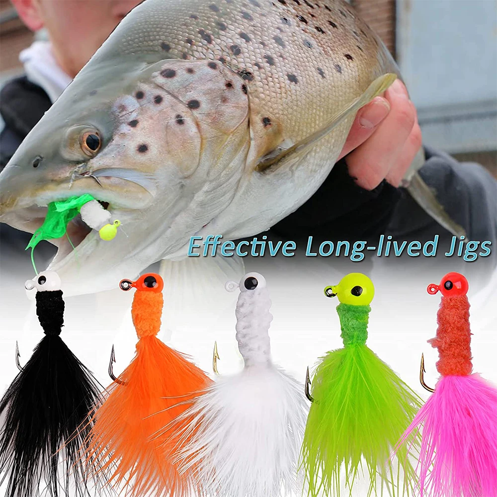 Fishing Crappie Jig Heads 5PCS Marabou Feather Jig Head Hooks Fishing Lures Kit for Walleye Panfish Sunfish Bluegill Perch Bait