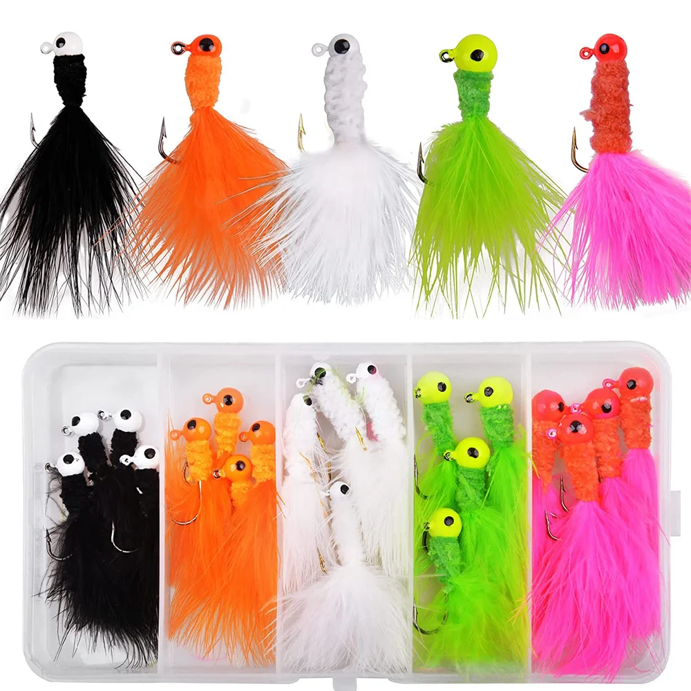 Fishing Crappie Jig Heads 5PCS Marabou Feather Jig Head Hooks Fishing Lures Kit for Walleye Panfish Sunfish Bluegill Perch Bait