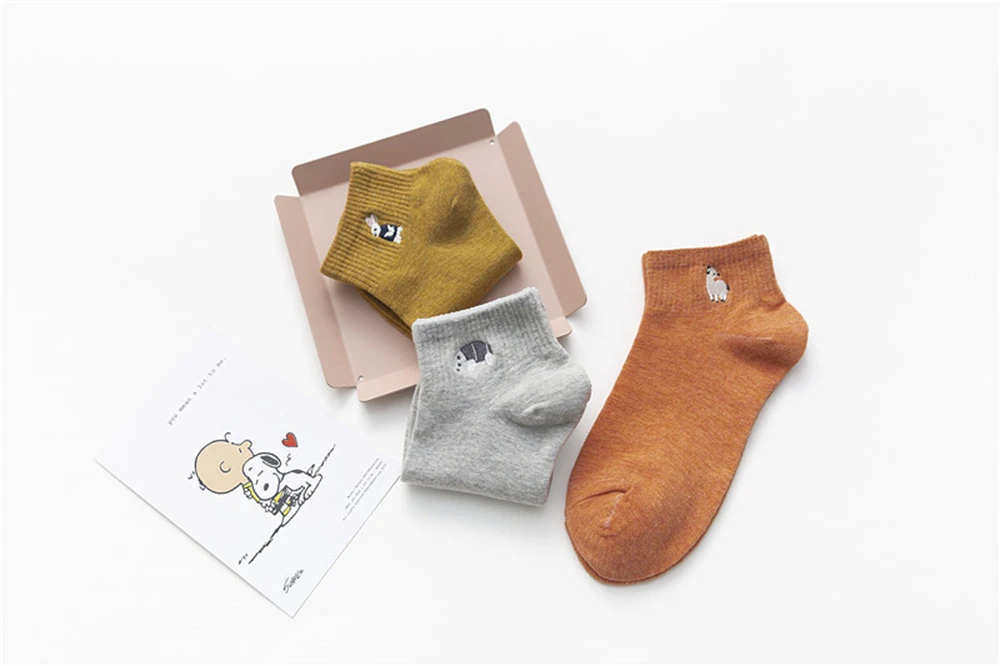 New Women's Cute Embroidery Bear Dog Owl Cat Bird Rabbit Sheep Candy Color Funny Socks Kawaii Ankle Sokken Dropship