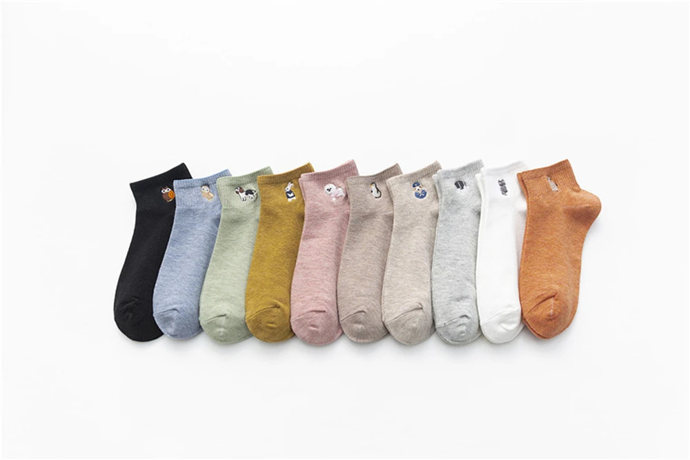 New Women's Cute Embroidery Bear Dog Owl Cat Bird Rabbit Sheep Candy Color Funny Socks Kawaii Ankle Sokken Dropship