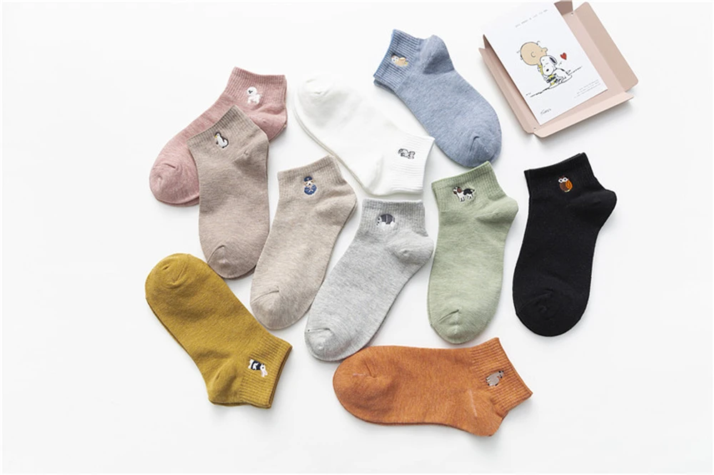 New Women's Cute Embroidery Bear Dog Owl Cat Bird Rabbit Sheep Candy Color Funny Socks Kawaii Ankle Sokken Dropship