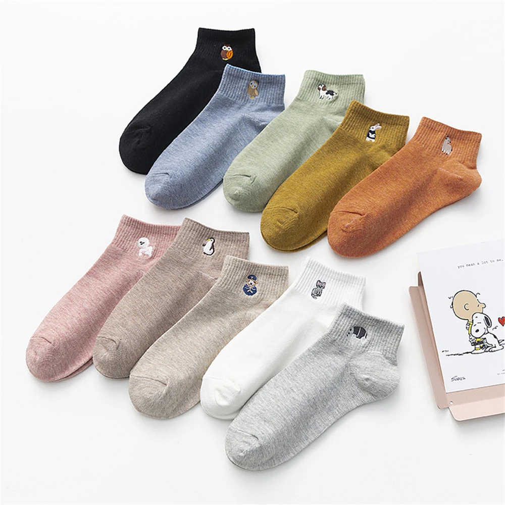 New Women's Cute Embroidery Bear Dog Owl Cat Bird Rabbit Sheep Candy Color Funny Socks Kawaii Ankle Sokken Dropship