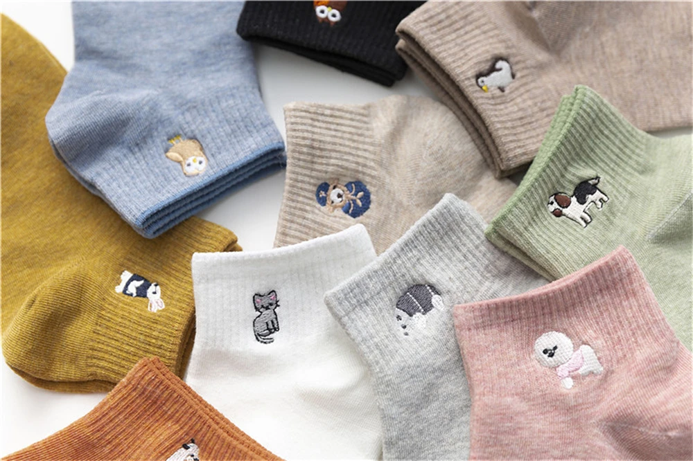 New Women's Cute Embroidery Bear Dog Owl Cat Bird Rabbit Sheep Candy Color Funny Socks Kawaii Ankle Sokken Dropship