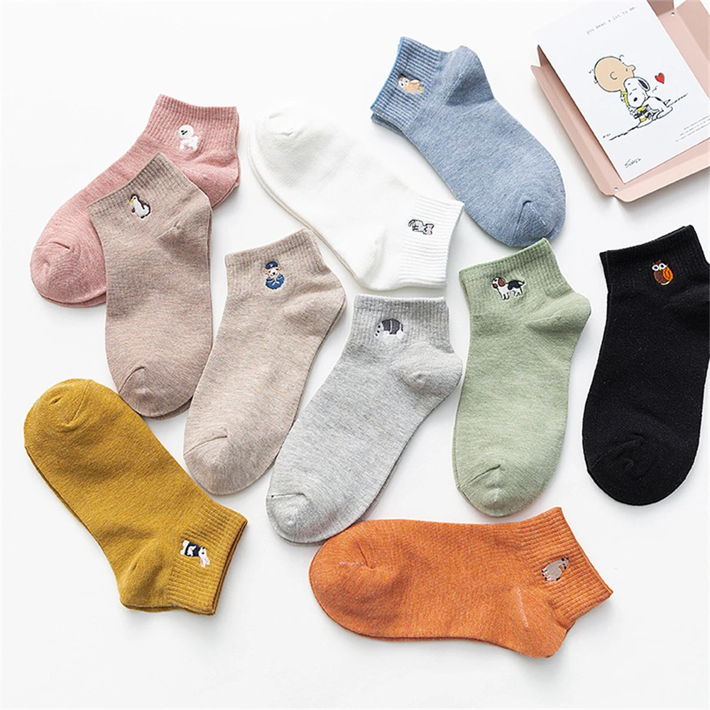 New Women's Cute Embroidery Bear Dog Owl Cat Bird Rabbit Sheep Candy Color Funny Socks Kawaii Ankle Sokken Dropship