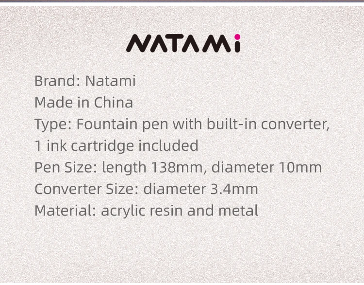 Natami Fountain Pen Fine Hooded Nib Converter 1 Ink Cartridge Pastel Color Lightweight Smooth Writing Aluminum Trim Metal Clip