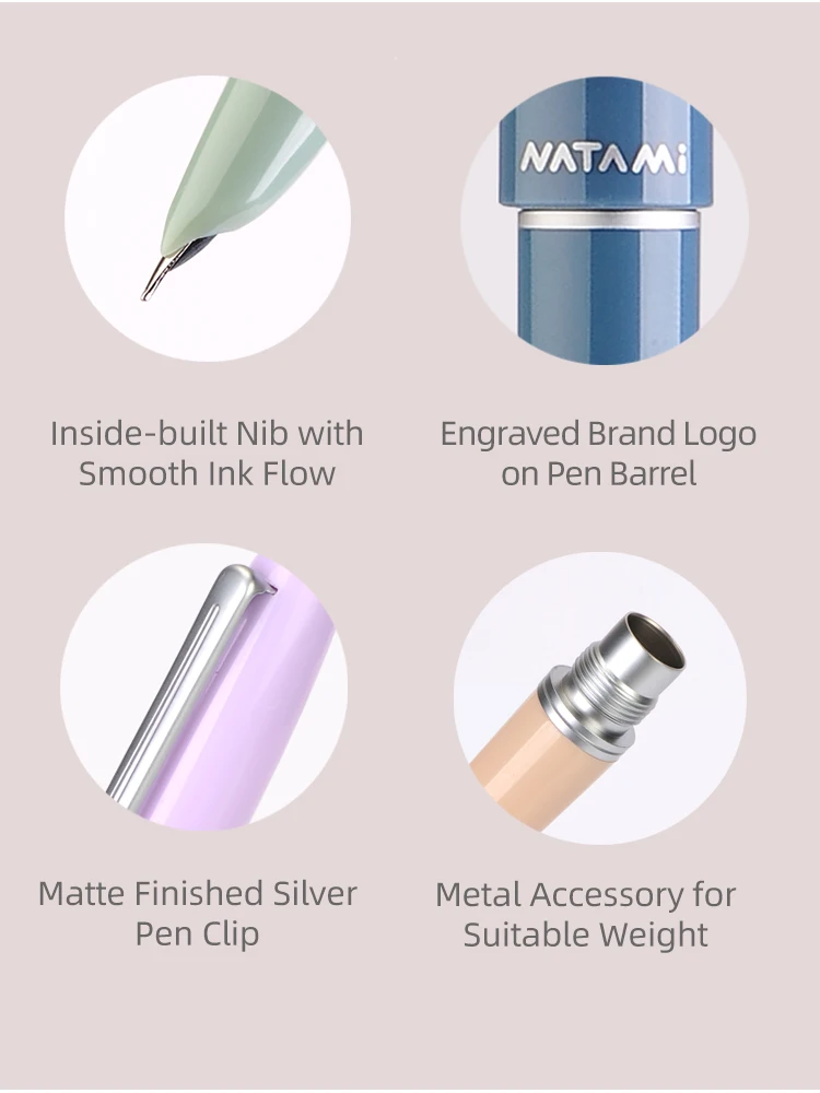 Natami Fountain Pen Fine Hooded Nib Converter 1 Ink Cartridge Pastel Color Lightweight Smooth Writing Aluminum Trim Metal Clip