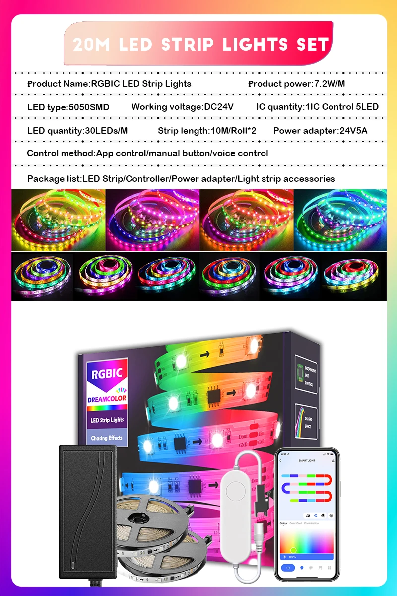 65.5ft/20m TUYA Dreamcolor LED Strip Lights 60LEDs/M RGBIC WS2811 Light Strip Flexible Tape Work with Alexa Google Assistant