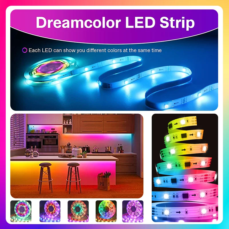 65.5ft/20m TUYA Dreamcolor LED Strip Lights 60LEDs/M RGBIC WS2811 Light Strip Flexible Tape Work with Alexa Google Assistant
