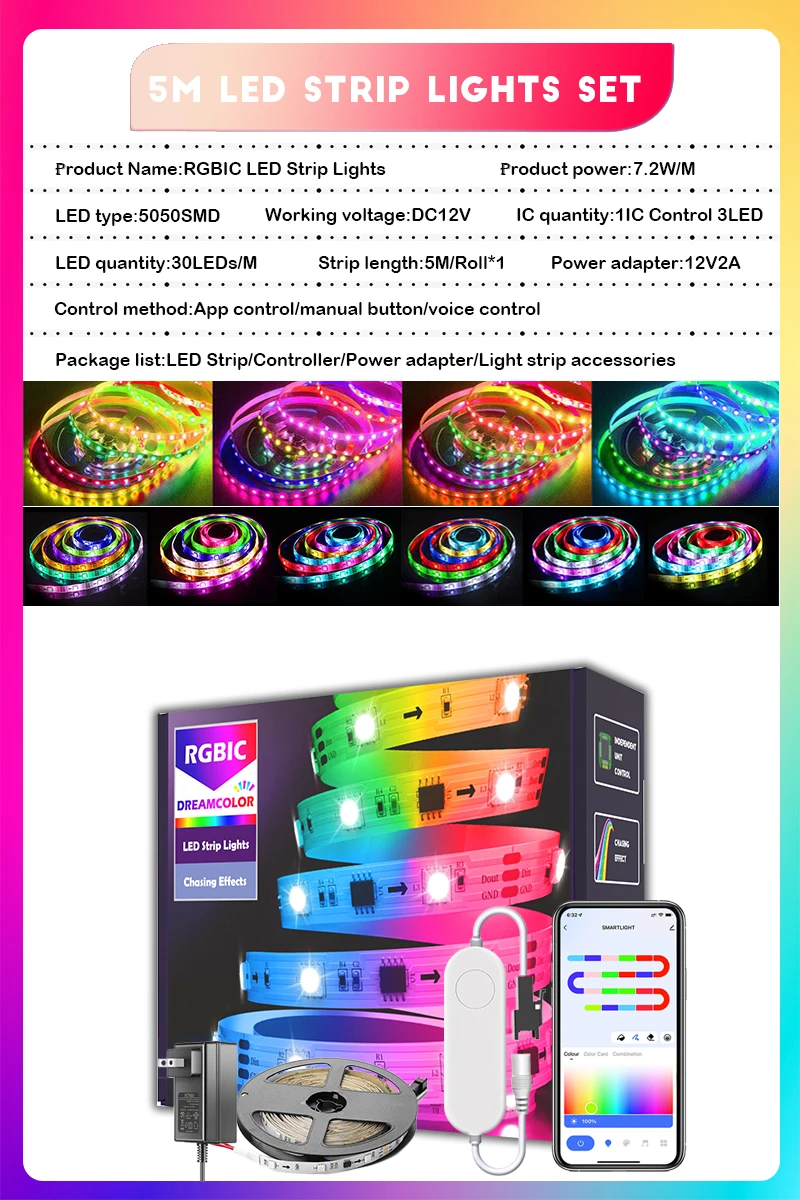 65.5ft/20m TUYA Dreamcolor LED Strip Lights 60LEDs/M RGBIC WS2811 Light Strip Flexible Tape Work with Alexa Google Assistant