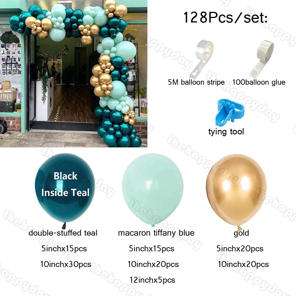 128Pcs Turquoise Blue Balloon Arch Garland Kit Double Stuffed Teal Macaron Green Chrome Gold Balloons Birthday Party Backdrop