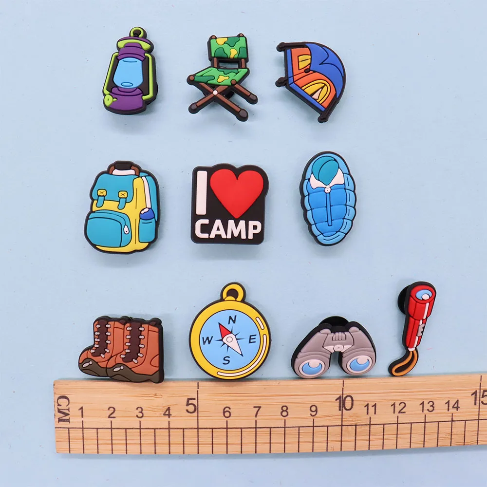 1-10PCS PVC Shoe Charms Camp Telescope Chair Flashlight Sleeping Bag Backpack Compass Buckle Clogs Hole Slipper Decoration Gift