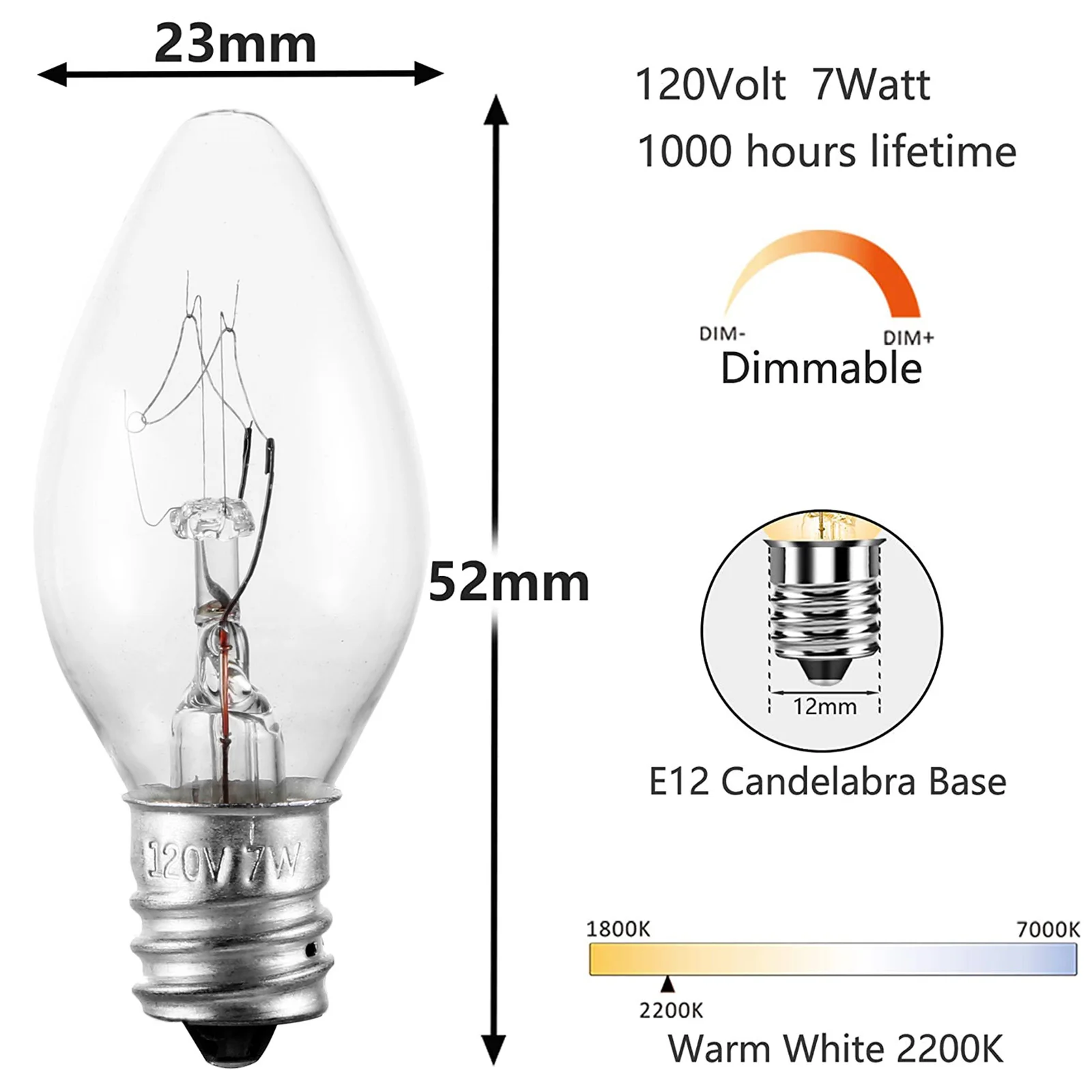 10pcs C7 7/10W E12 Bulb 110v/220v 52*23mm/2.05*0.91inch Christmas Chandelier Light Plug-in Flea Trap Salt Lamp Mini Candle Shape