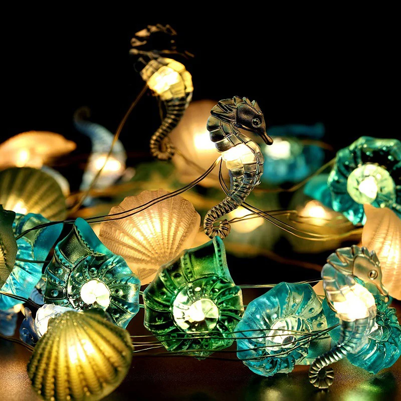 2m 20LED Seashell Starfish Sea String Lights Battery Powered Fairy Lights Mermaid Under Sea Theme Wedding Birthday Party decor