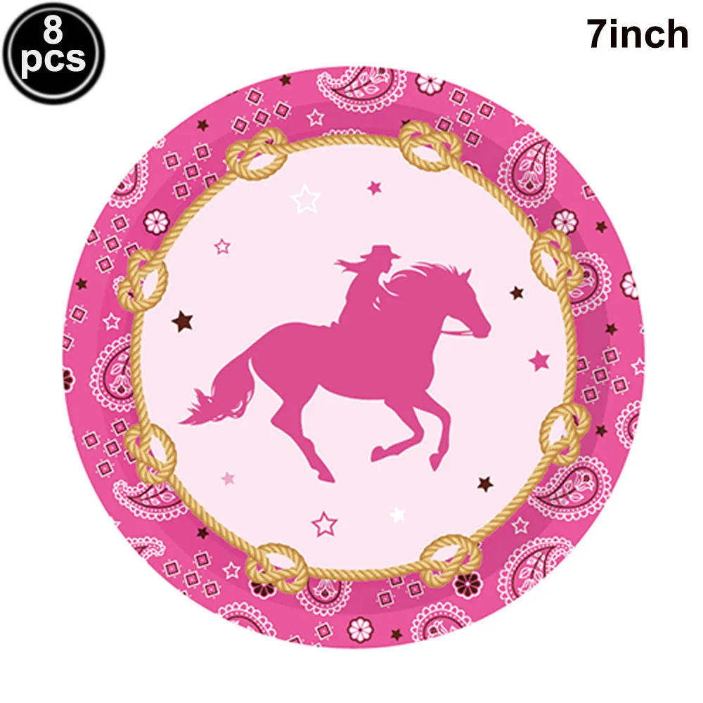Western Cowgirl Birthday Party Decoration Disposable Tableware Pink Horse Party Plates Cups Horse Balloon Cowboy Party Supplies