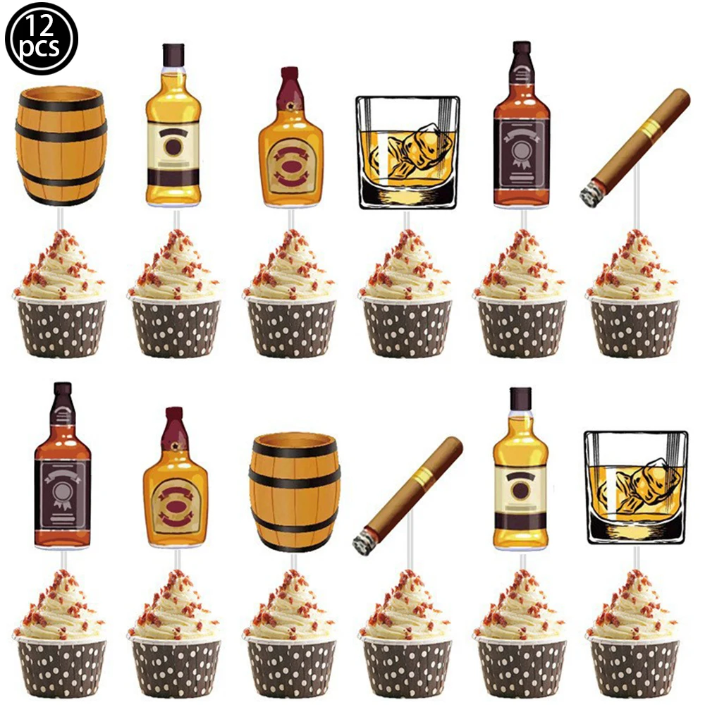 Whiskey Cupcake Toppers Aged to Perfection Party Supplies for Whiskey Party Man 40th 50th Happy Birthday Party Baking Supplies